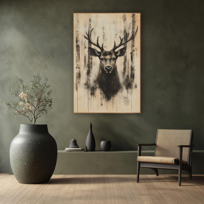 Stag Dripping Birch Ink Portrait wall art in a calm Japandi-style room – charcoal-style stag portrait with wide
