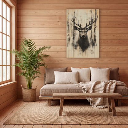 Stag Dripping Birch Ink Portrait wall art in a calm Japandi-style room – charcoal-style stag portrait with wide