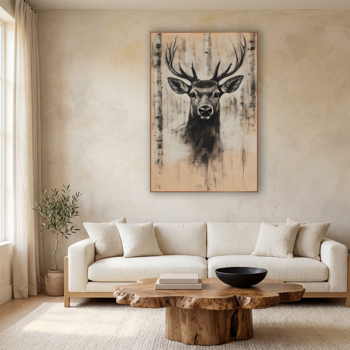 Stag Pale Birch Grove Smudge wall art in a calm Japandi-style room – charcoal-style stag portrait with tall antlers