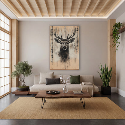 Stag Pale Birch Grove Smudge wall art in a calm Japandi-style room – charcoal-style stag portrait with tall antlers