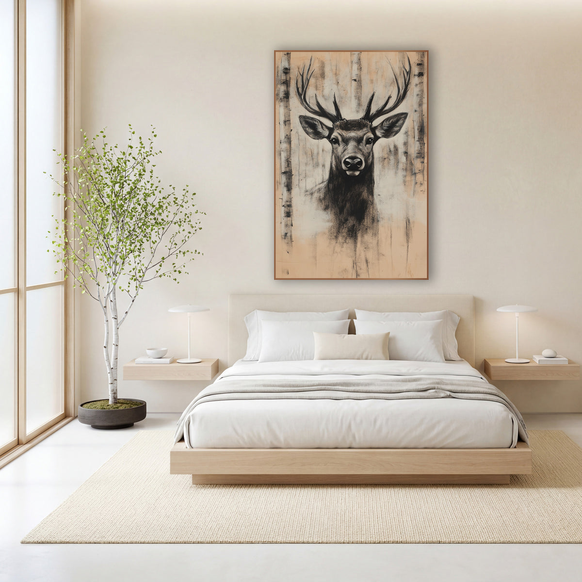 Stag Pale Birch Grove Smudge wall art in a calm Japandi-style room – charcoal-style stag portrait with tall antlers
