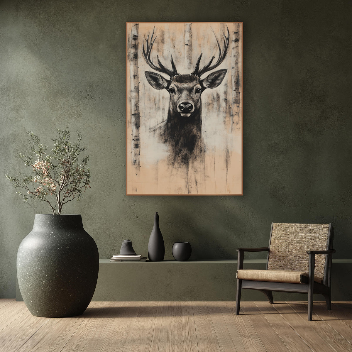 Stag Pale Birch Grove Smudge wall art in a calm Japandi-style room – charcoal-style stag portrait with tall antlers