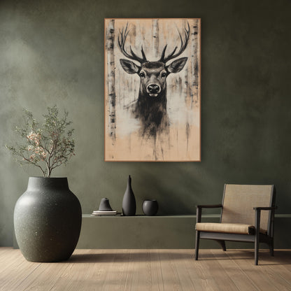Stag Pale Birch Grove Smudge wall art in a calm Japandi-style room – charcoal-style stag portrait with tall antlers