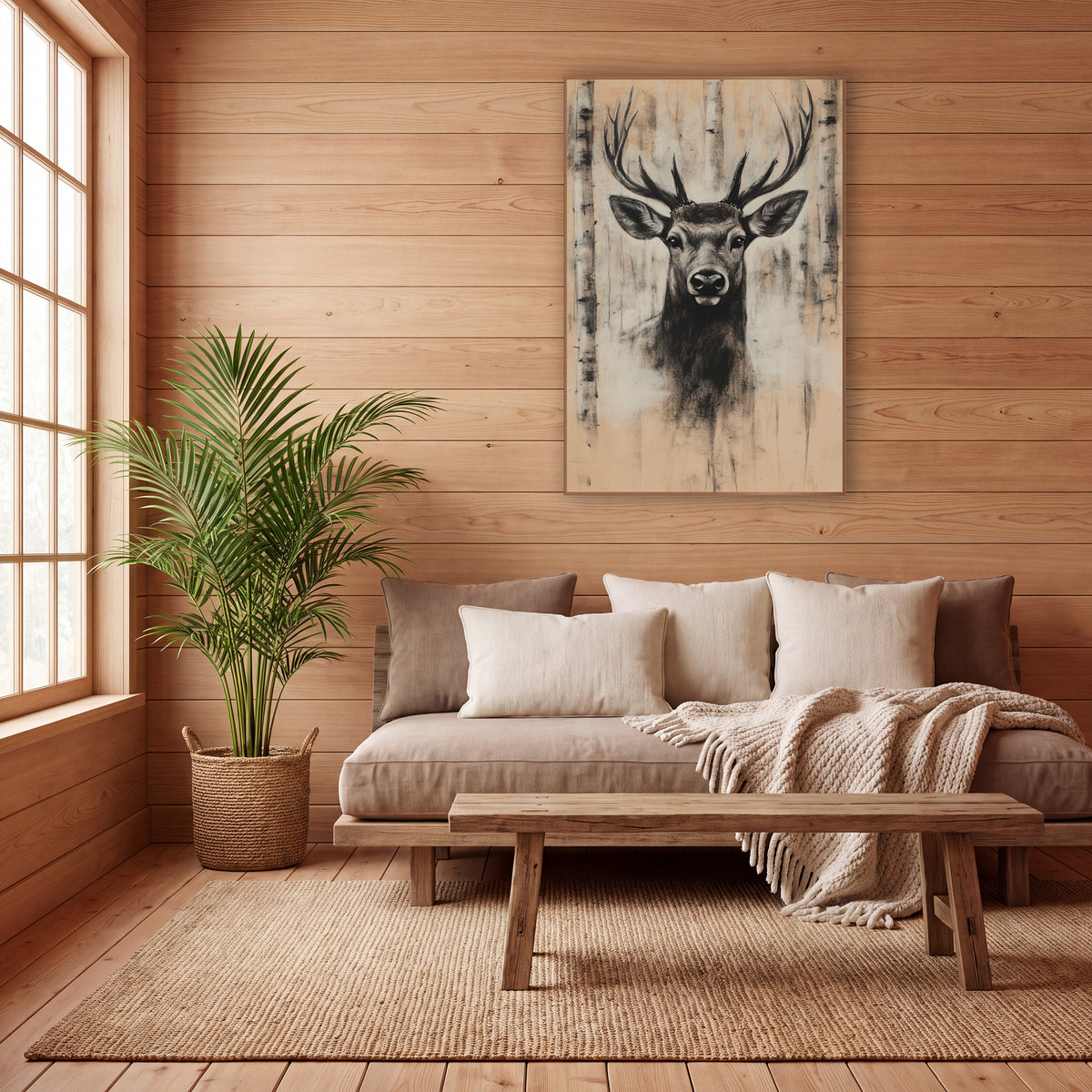 Stag Pale Birch Grove Smudge wall art in a calm Japandi-style room – charcoal-style stag portrait with tall antlers