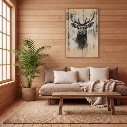 Stag Pale Birch Grove Smudge wall art in a calm Japandi-style room – charcoal-style stag portrait with tall antlers