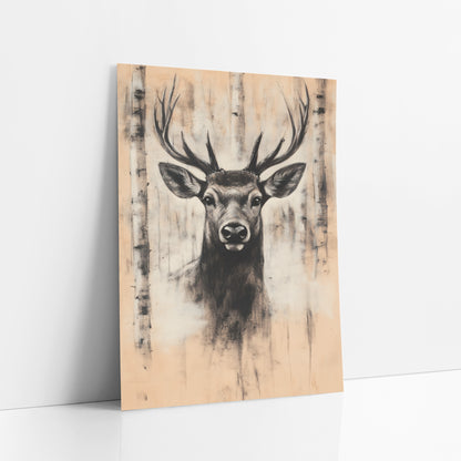 Stag Pale Birch Grove Smudge art print leaning against a white wall – charcoal-style stag portrait with tall antlers facing