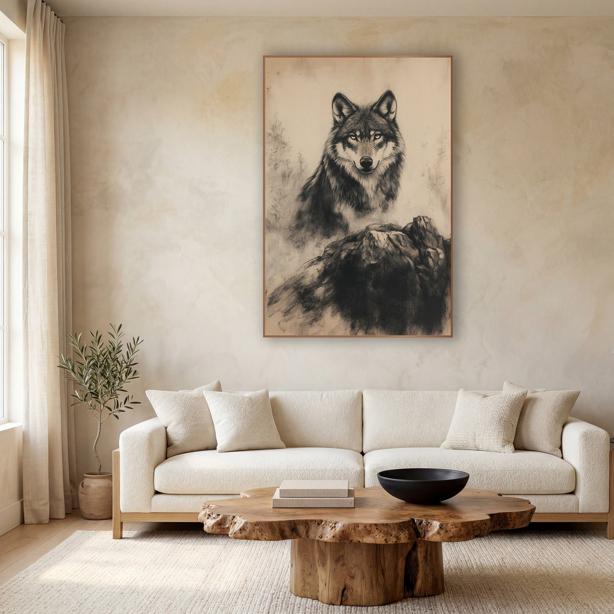 Charcoal Wolf Portrait Neutral Drawing wall art in a calm Japandi-style room – charcoal and chalk wolf portrait