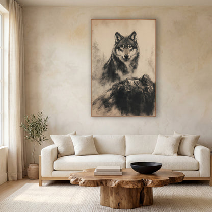 Charcoal Wolf Portrait Neutral Drawing wall art in a calm Japandi-style room – charcoal and chalk wolf portrait