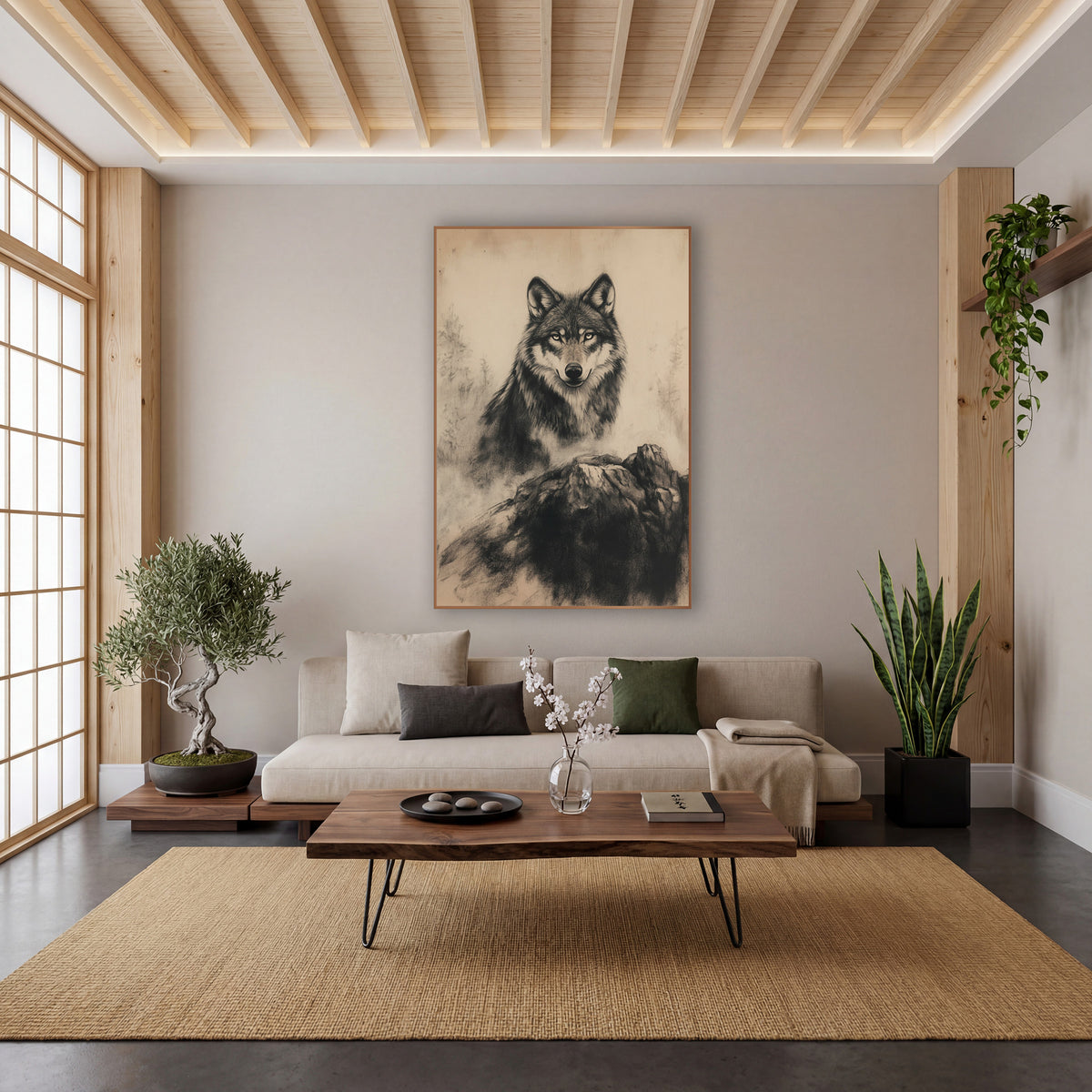 Charcoal Wolf Portrait Neutral Drawing wall art in a calm Japandi-style room – charcoal and chalk wolf portrait