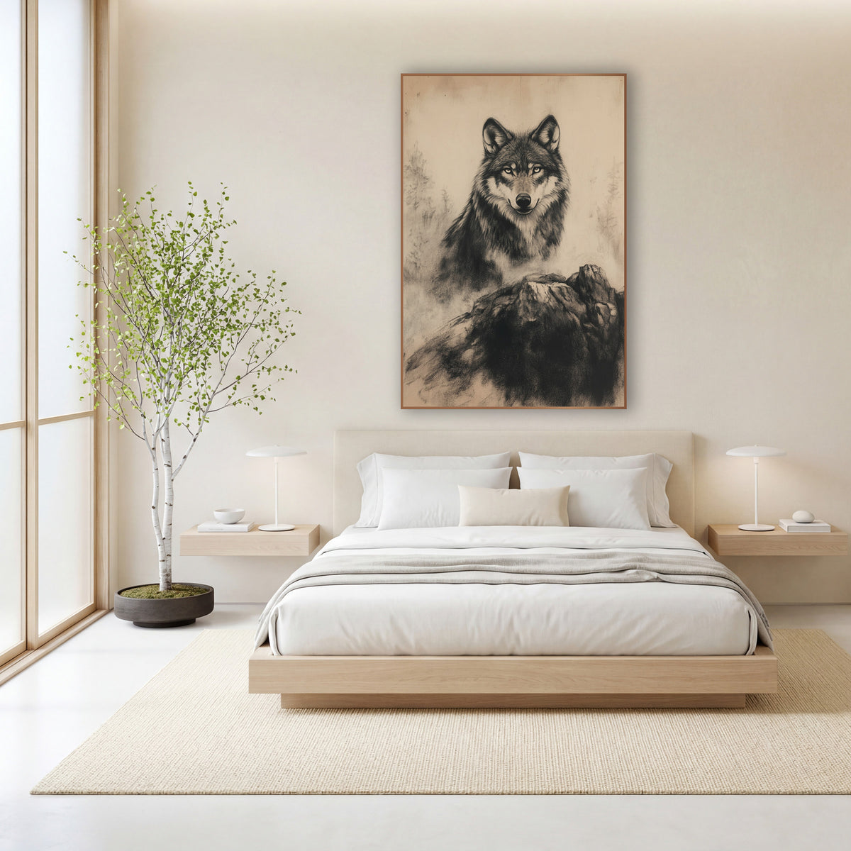 Charcoal Wolf Portrait Neutral Drawing wall art in a calm Japandi-style room – charcoal and chalk wolf portrait