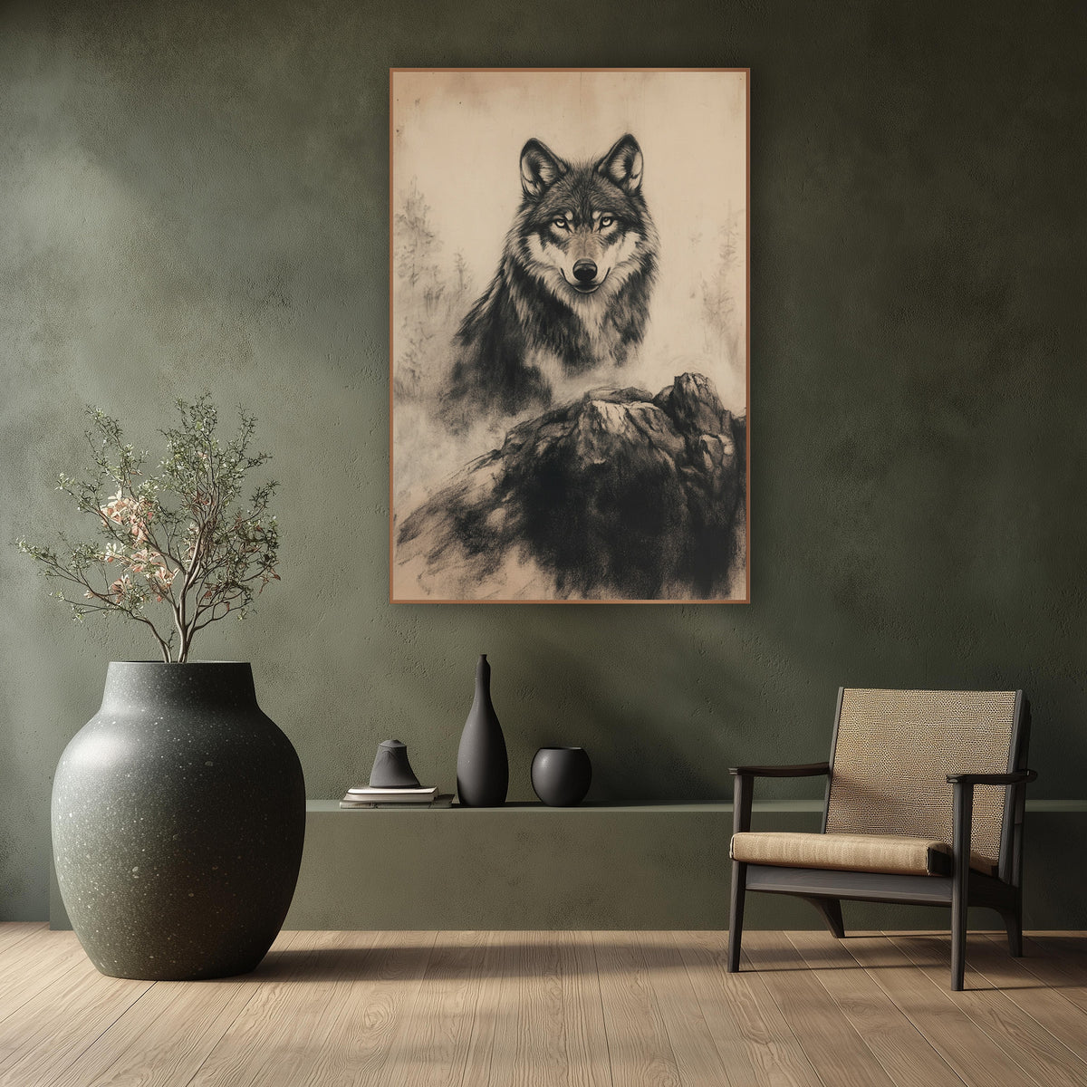 Charcoal Wolf Portrait Neutral Drawing wall art in a calm Japandi-style room – charcoal and chalk wolf portrait