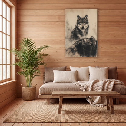 Charcoal Wolf Portrait Neutral Drawing wall art in a calm Japandi-style room – charcoal and chalk wolf portrait