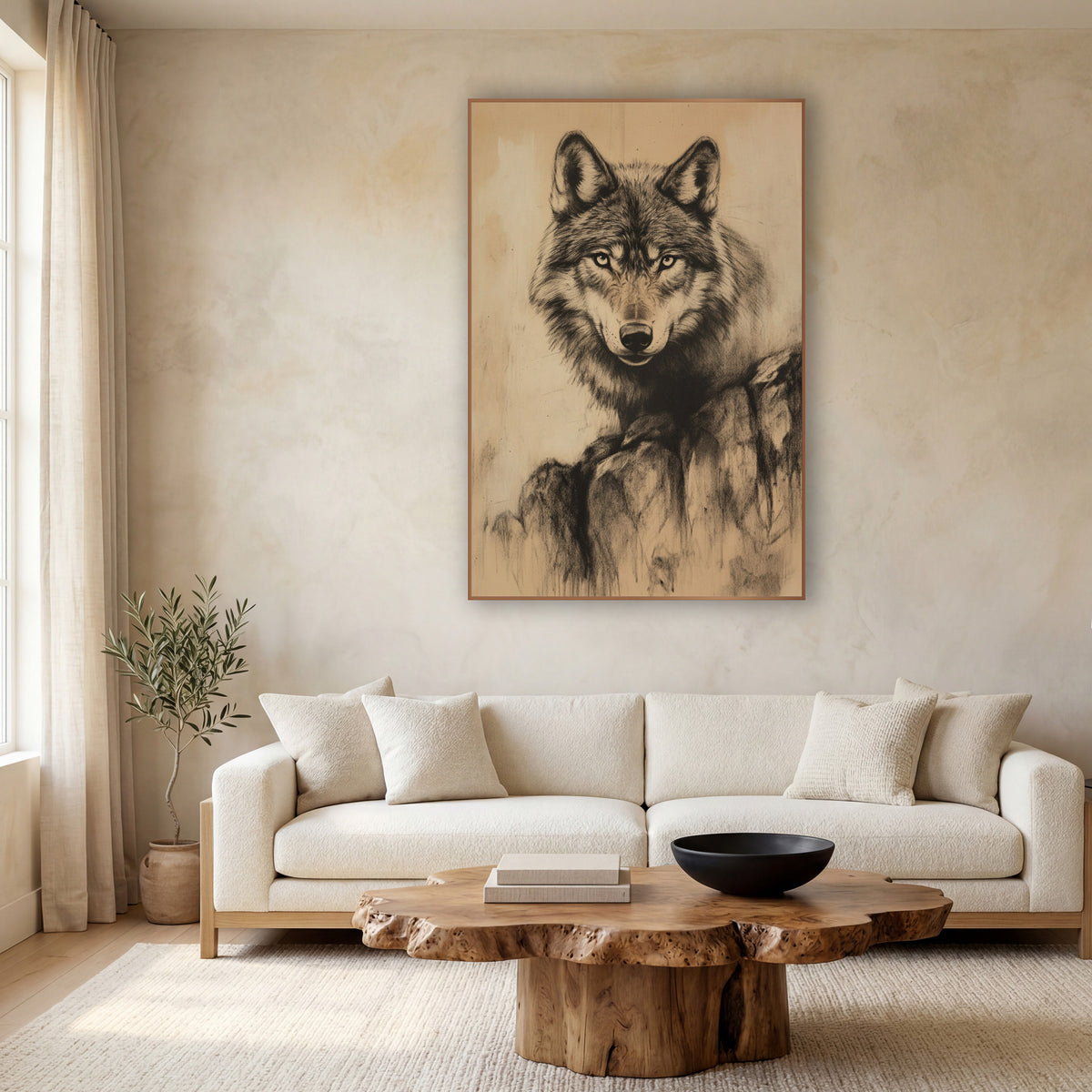 Wolf On Boulders Sketch wall art in a calm Japandi-style room – charcoal-style drawing of a wolf facing forward