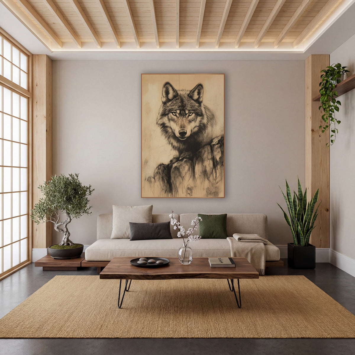 Wolf On Boulders Sketch wall art in a calm Japandi-style room – charcoal-style drawing of a wolf facing forward