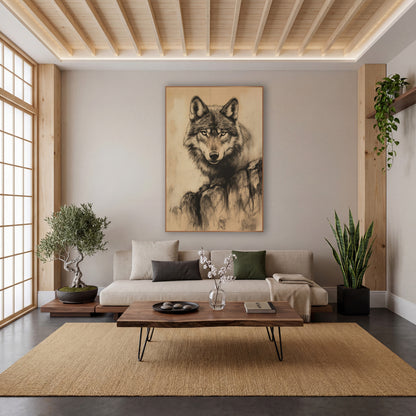 Wolf On Boulders Sketch wall art in a calm Japandi-style room – charcoal-style drawing of a wolf facing forward