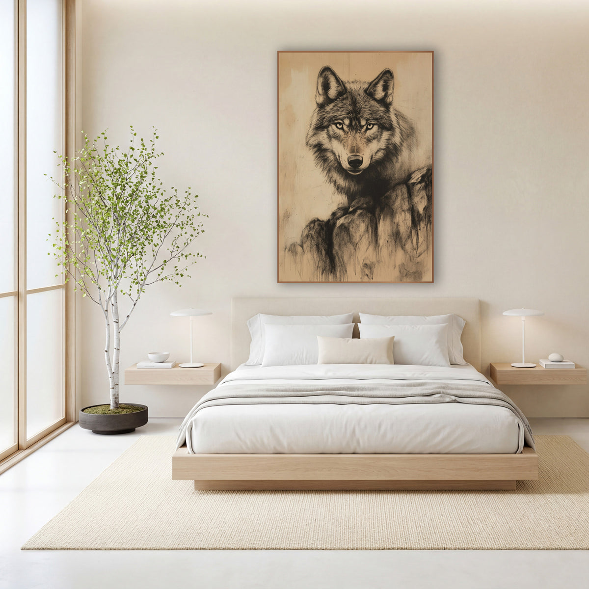 Wolf On Boulders Sketch wall art in a calm Japandi-style room – charcoal-style drawing of a wolf facing forward