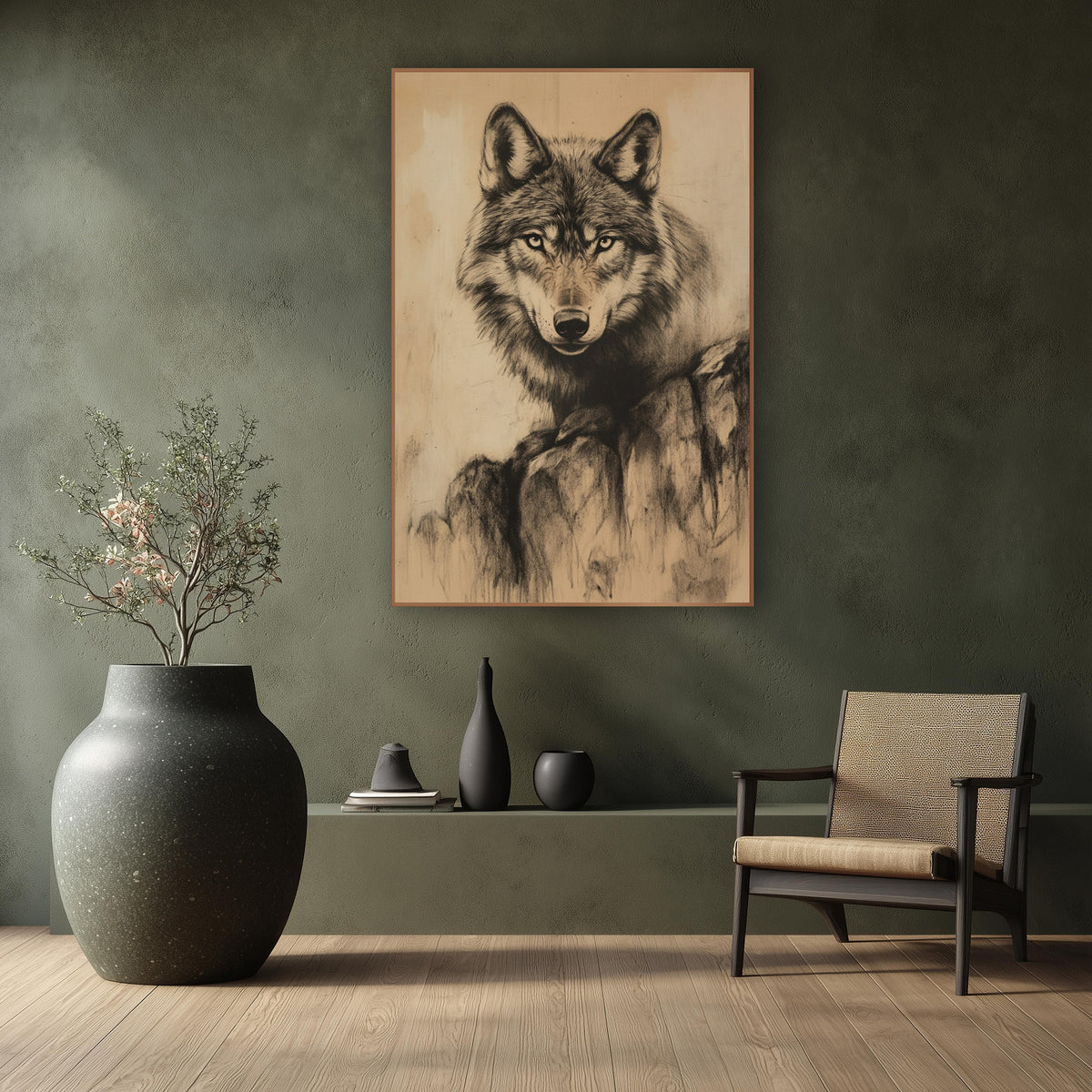 Wolf On Boulders Sketch wall art in a calm Japandi-style room – charcoal-style drawing of a wolf facing forward