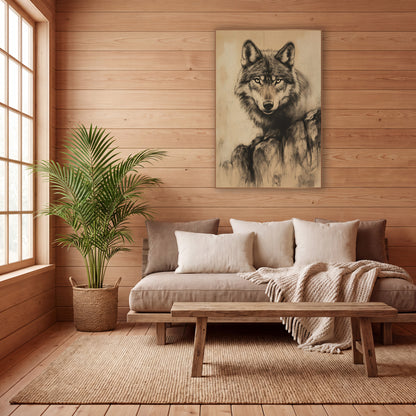 Wolf On Boulders Sketch wall art in a calm Japandi-style room – charcoal-style drawing of a wolf facing forward