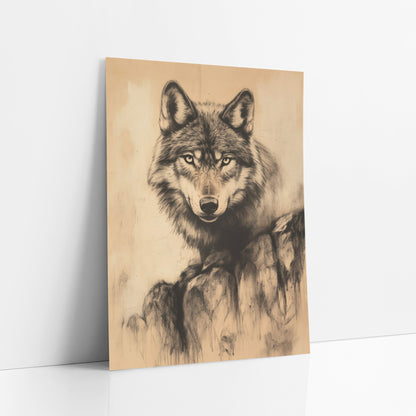 Wolf On Boulders Sketch art print leaning against a white wall – charcoal-style drawing of a wolf facing forward with amber
