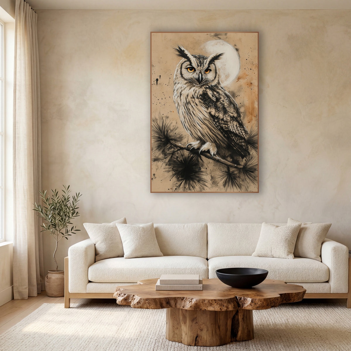 Charcoal Eared Owl Moon Japandi wall art in a calm Japandi-style room – owl with ear tufts and orange eyes perched