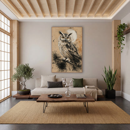 Charcoal Eared Owl Moon Japandi wall art in a calm Japandi-style room – owl with ear tufts and orange eyes perched
