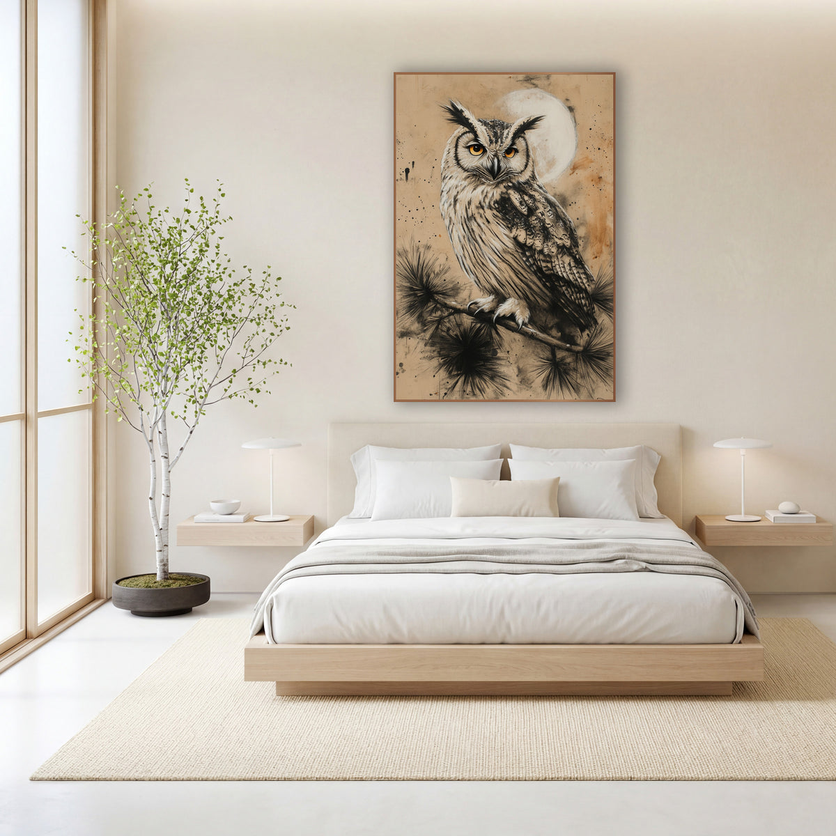 Charcoal Eared Owl Moon Japandi wall art in a calm Japandi-style room – owl with ear tufts and orange eyes perched
