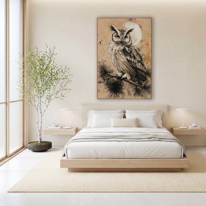Charcoal Eared Owl Moon Japandi wall art in a calm Japandi-style room – owl with ear tufts and orange eyes perched