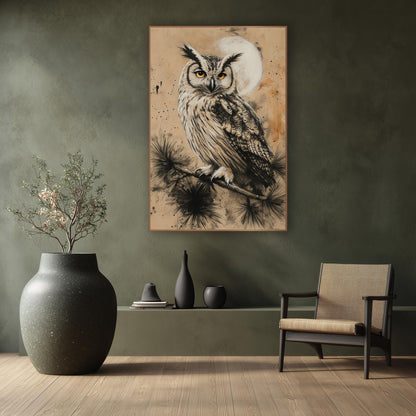 Charcoal Eared Owl Moon Japandi wall art in a calm Japandi-style room – owl with ear tufts and orange eyes perched