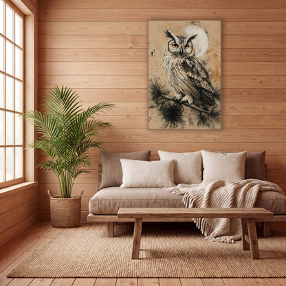 Charcoal Eared Owl Moon Japandi wall art in a calm Japandi-style room – owl with ear tufts and orange eyes perched