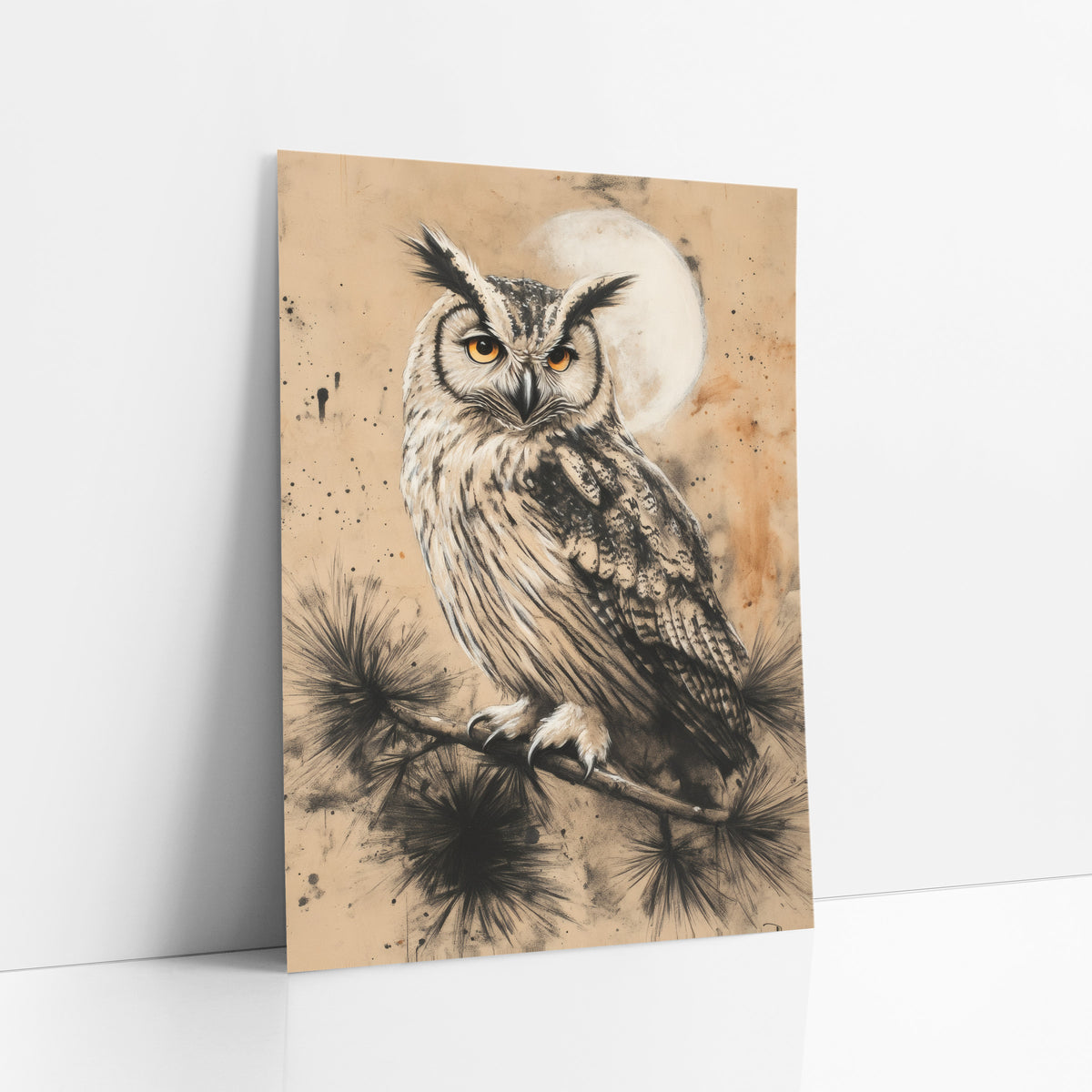 Charcoal Eared Owl Moon Japandi art print leaning against a white wall – owl with ear tufts and orange eyes perched