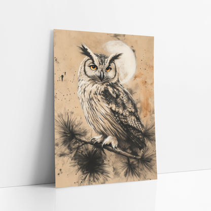 Charcoal Eared Owl Moon Japandi art print leaning against a white wall – owl with ear tufts and orange eyes perched