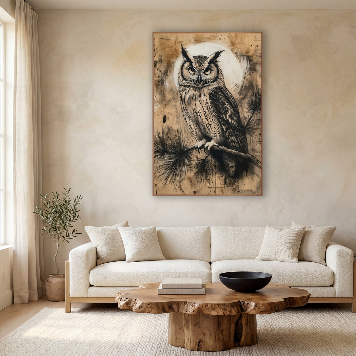 Moonlit Horned Owl Charcoal Style wall art in a calm Japandi-style room – horned owl with amber eyes on an evergreen