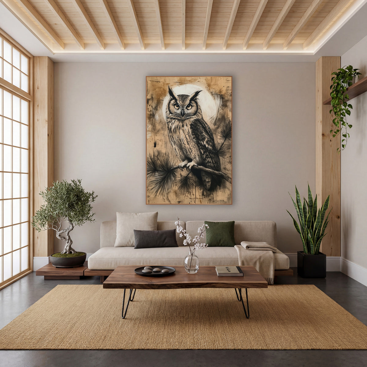 Moonlit Horned Owl Charcoal Style wall art in a calm Japandi-style room – horned owl with amber eyes on an evergreen
