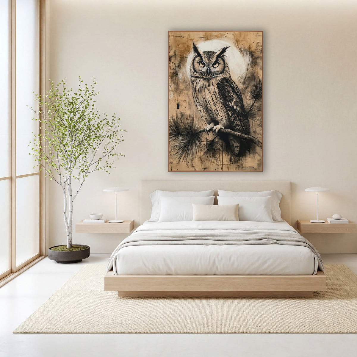 Moonlit Horned Owl Charcoal Style wall art in a calm Japandi-style room – horned owl with amber eyes on an evergreen