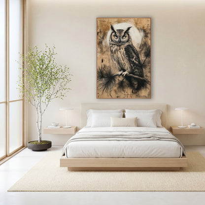 Moonlit Horned Owl Charcoal Style wall art in a calm Japandi-style room – horned owl with amber eyes on an evergreen