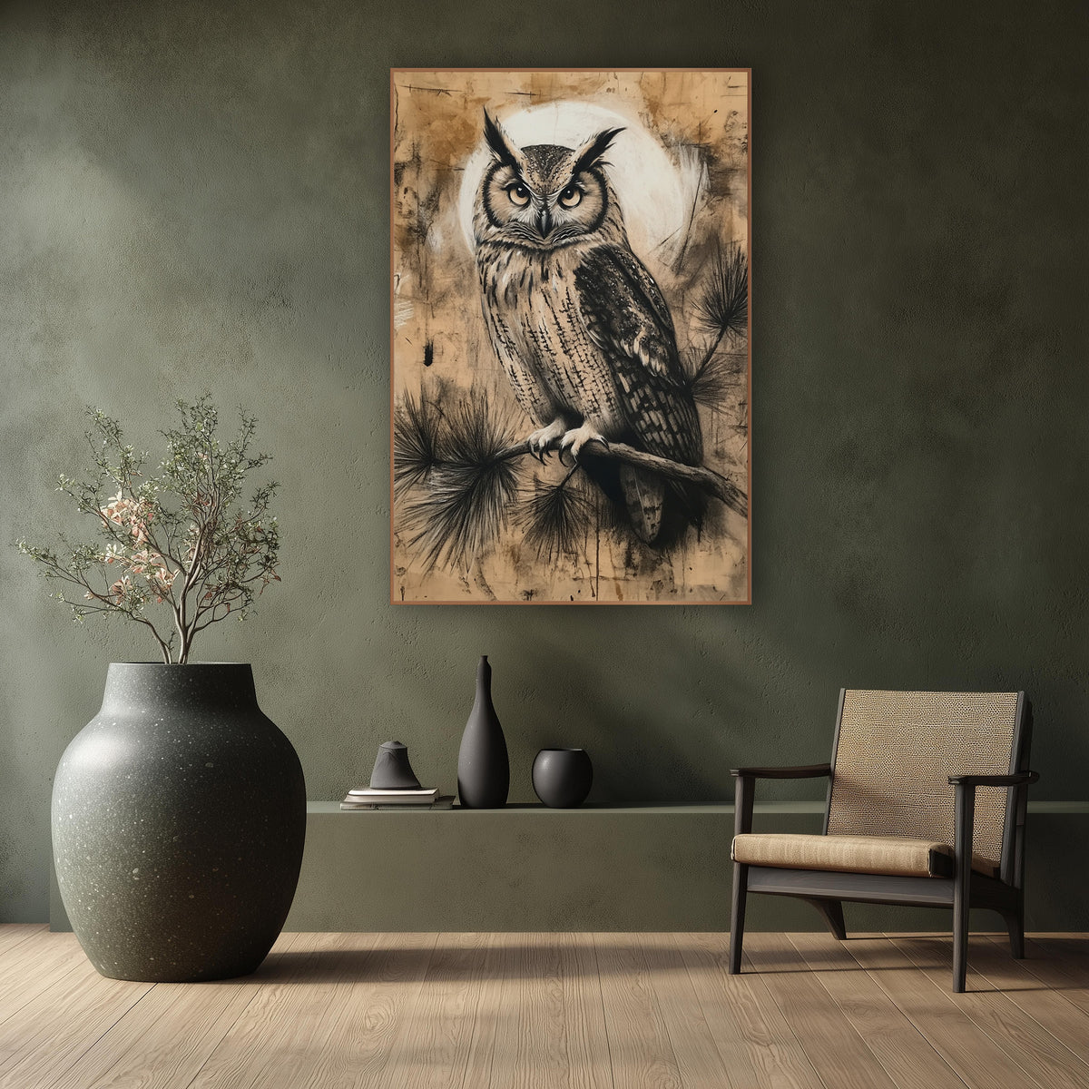 Moonlit Horned Owl Charcoal Style wall art in a calm Japandi-style room – horned owl with amber eyes on an evergreen