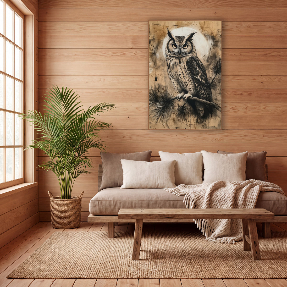 Moonlit Horned Owl Charcoal Style wall art in a calm Japandi-style room – horned owl with amber eyes on an evergreen
