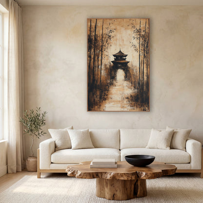Bamboo Grove Pavilion Sepia Japandi wall art in a calm Japandi-style room – expressive sepia painting of a bamboo