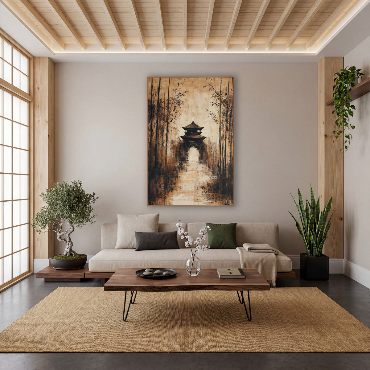 Bamboo Grove Pavilion Sepia Japandi wall art in a calm Japandi-style room – expressive sepia painting of a bamboo