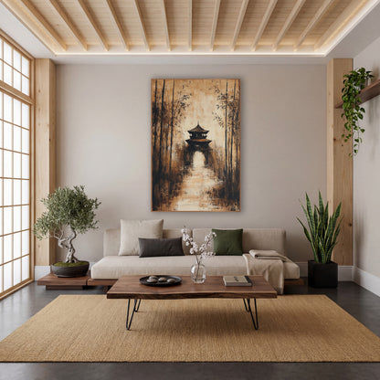 Bamboo Grove Pavilion Sepia Japandi wall art in a calm Japandi-style room – expressive sepia painting of a bamboo
