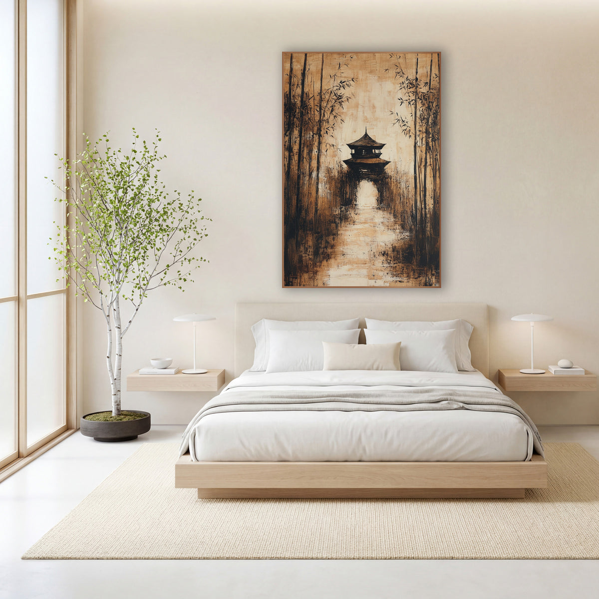Bamboo Grove Pavilion Sepia Japandi wall art in a calm Japandi-style room – expressive sepia painting of a bamboo
