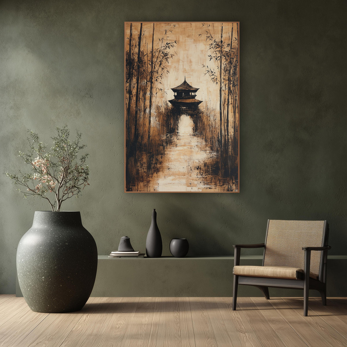 Bamboo Grove Pavilion Sepia Japandi wall art in a calm Japandi-style room – expressive sepia painting of a bamboo