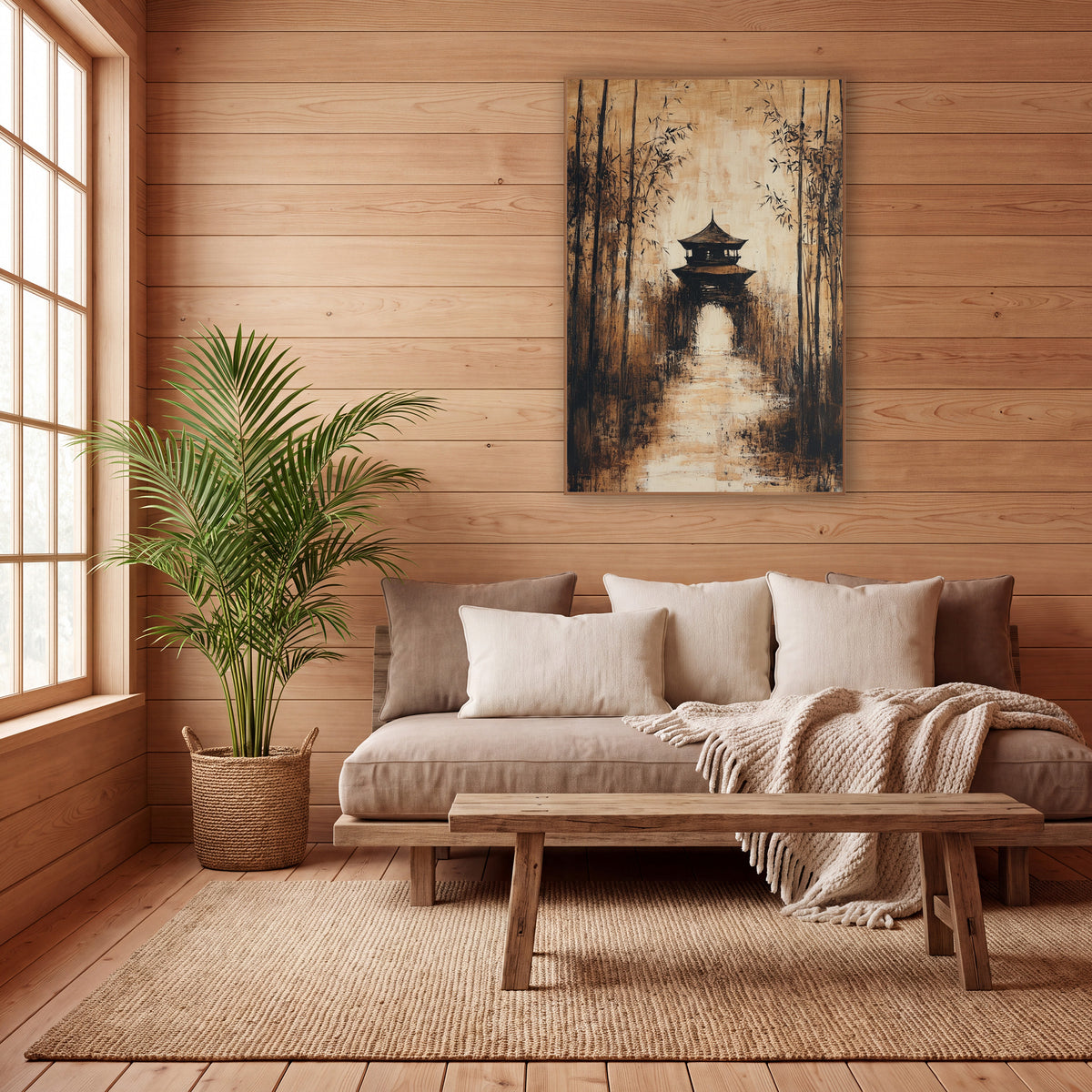 Bamboo Grove Pavilion Sepia Japandi wall art in a calm Japandi-style room – expressive sepia painting of a bamboo