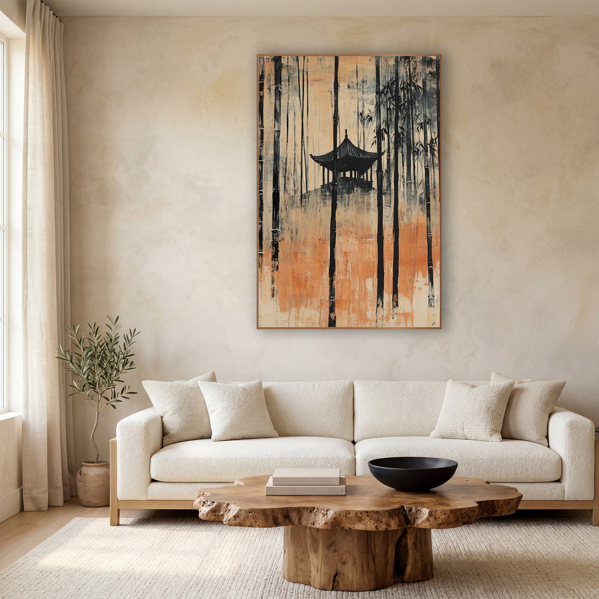 Amber Hilltop Pagoda Bamboo Japandi wall art in a calm Japandi-style room – tall black bamboo stalks around a small