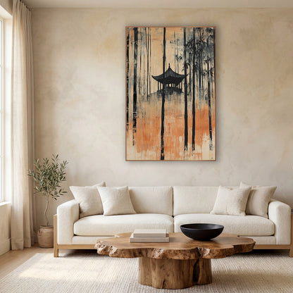 Amber Hilltop Pagoda Bamboo Japandi wall art in a calm Japandi-style room – tall black bamboo stalks around a small