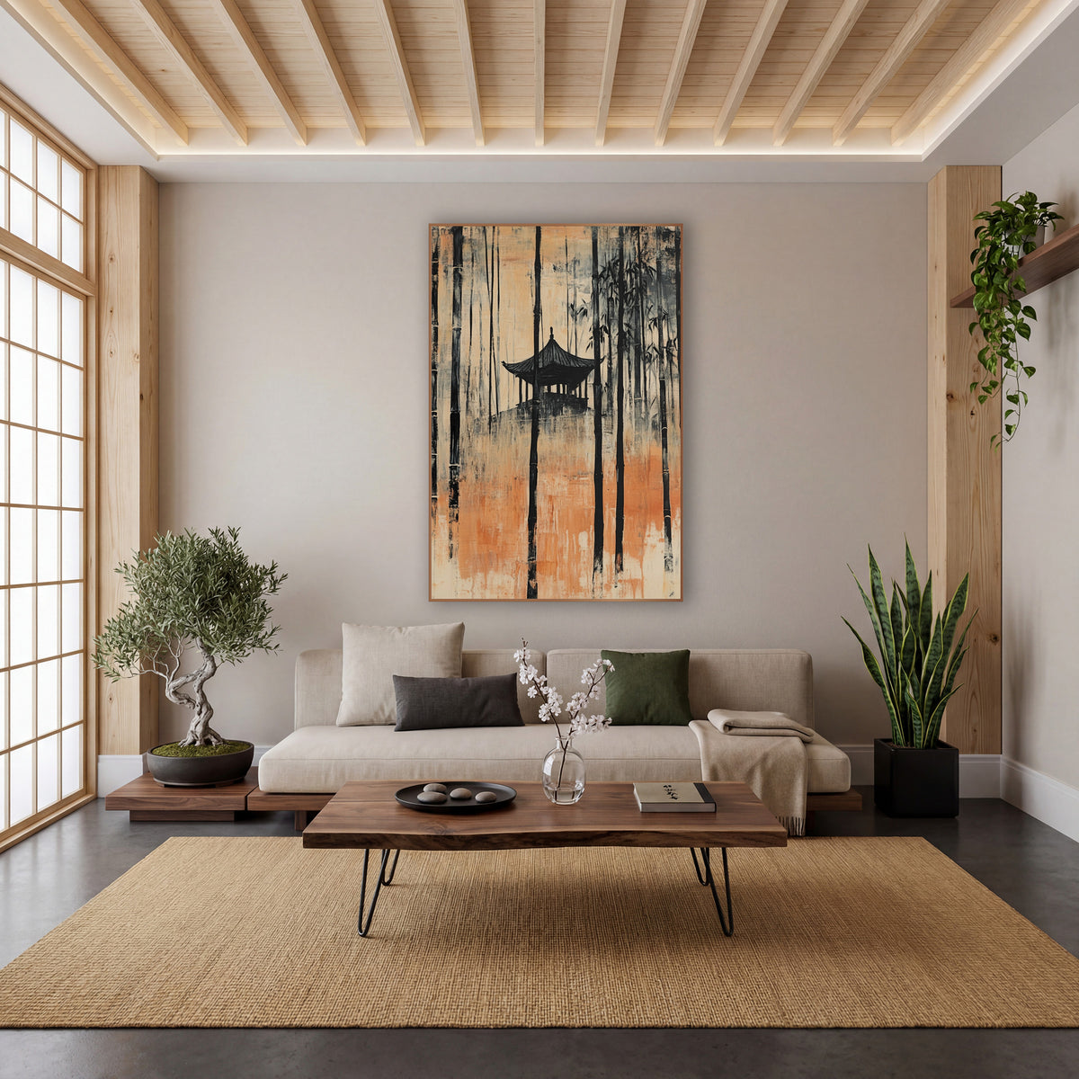 Amber Hilltop Pagoda Bamboo Japandi wall art in a calm Japandi-style room – tall black bamboo stalks around a small