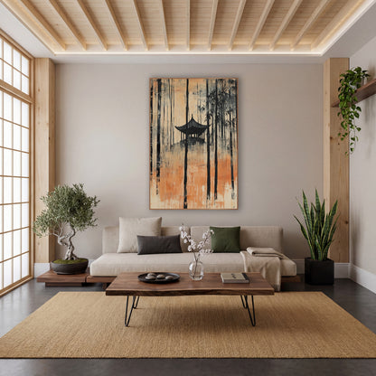 Amber Hilltop Pagoda Bamboo Japandi wall art in a calm Japandi-style room – tall black bamboo stalks around a small