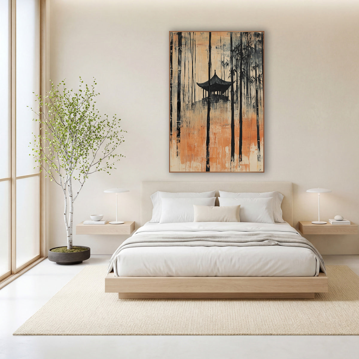 Amber Hilltop Pagoda Bamboo Japandi wall art in a calm Japandi-style room – tall black bamboo stalks around a small