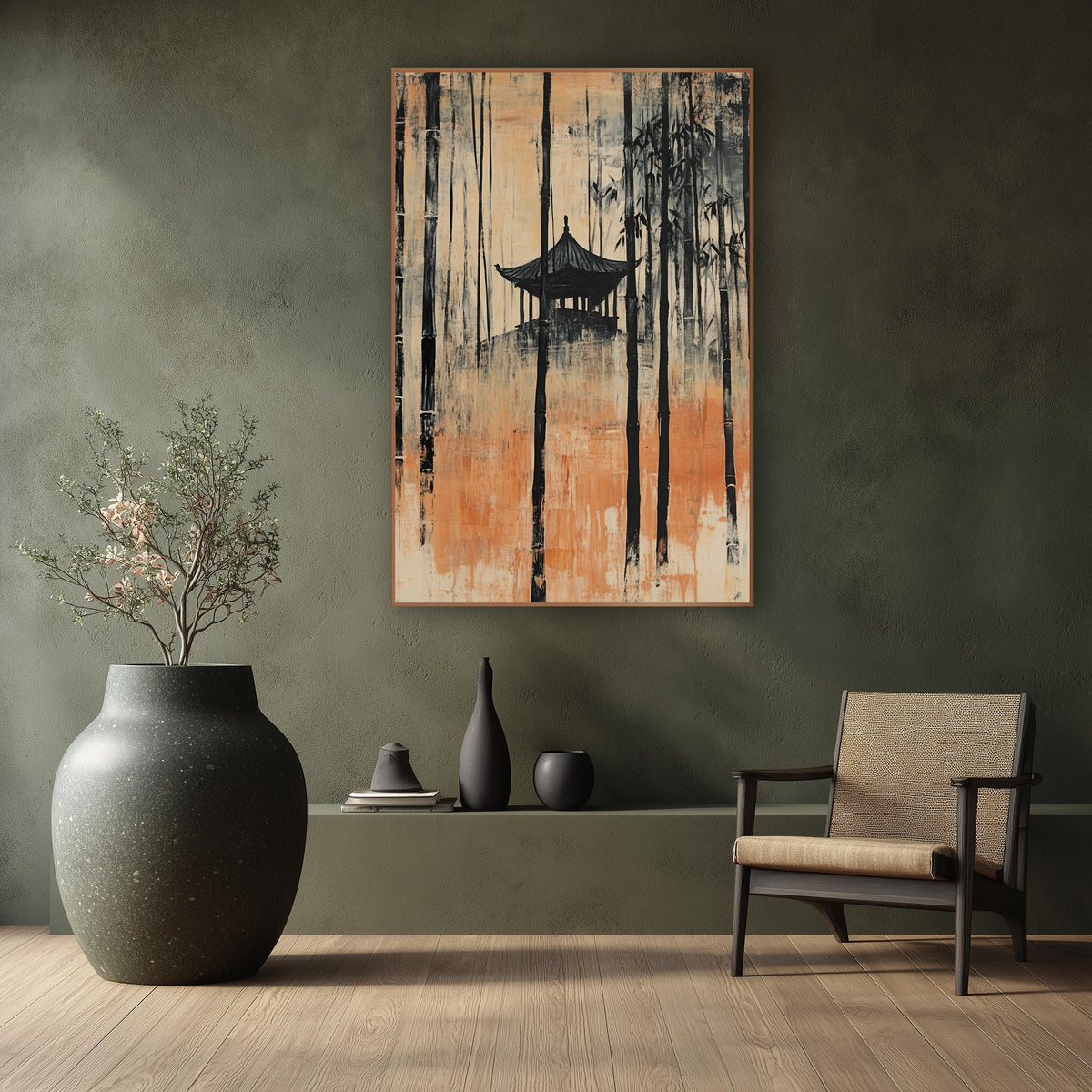 Amber Hilltop Pagoda Bamboo Japandi wall art in a calm Japandi-style room – tall black bamboo stalks around a small
