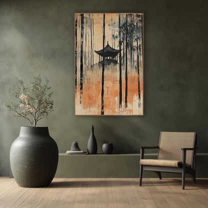 Amber Hilltop Pagoda Bamboo Japandi wall art in a calm Japandi-style room – tall black bamboo stalks around a small